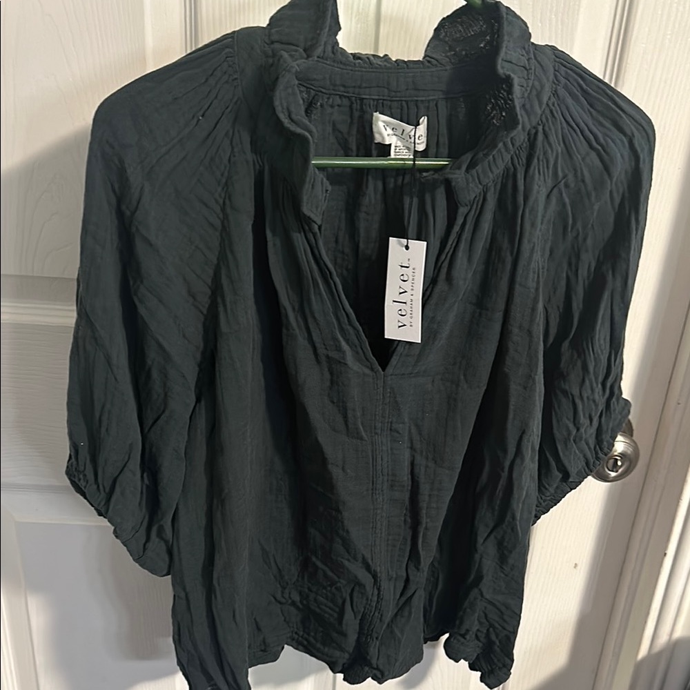 Velvet Green Ruffled 3/4 Sleeve Blouse
